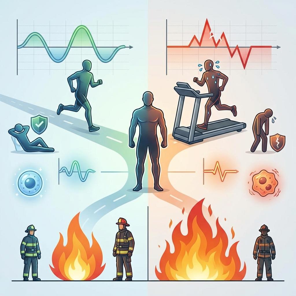 과훈련으로 인한 코르티솔 불균형과 면역 저하, 염증 증가를 설명하는 운동 스트레스 이미지
