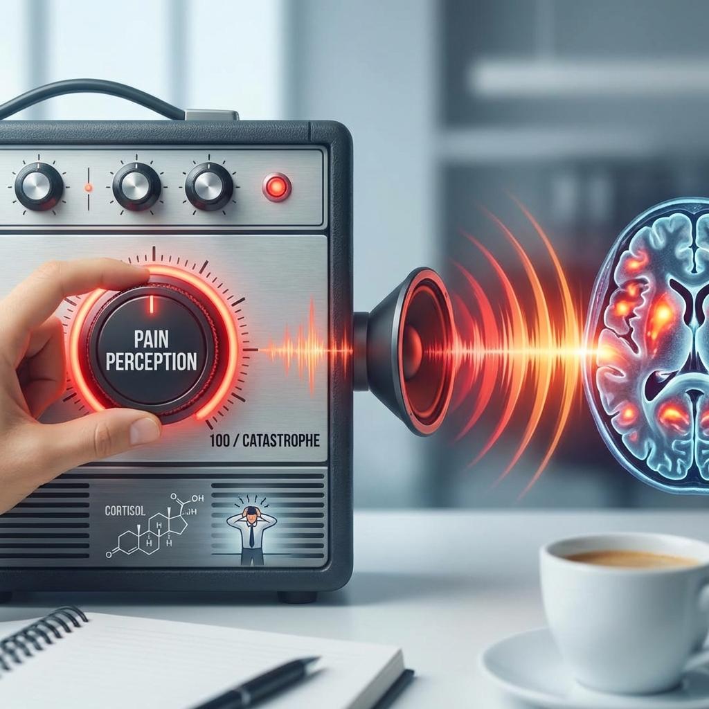 파국화가 통증 인식을 증가시키는 원리, 뇌의 통증 볼륨 조절과 코르티솔 분비 증가로 만성 통증이 악화되는 과정, 통증 과장 인지와 뇌 반응 메커니즘 설명 이미지