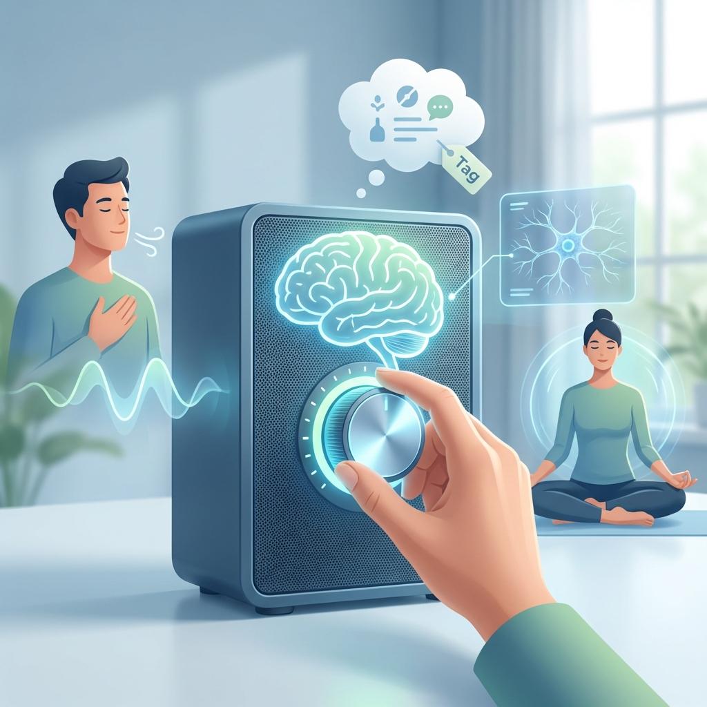 통증과 스트레스를 줄이는 방법, 감정 라벨링과 4-7-8 호흡법, 마음챙김 명상으로 뇌의 통증 인식을 낮추고 코르티솔 감소를 유도하는 뇌 조절 원리 설명 이미지