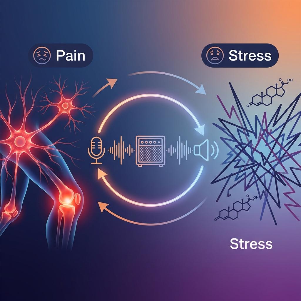 통증과 스트레스 악순환 구조 설명 이미지, 만성 통증이 스트레스를 유발하고 코르티솔과 염증 반응을 증가시켜 통증을 더 악화시키는 뇌 신경 회로와 피드백 루프 원리, NF-kB 염증 활성과 통증 감도 증가 메커니즘 시각화