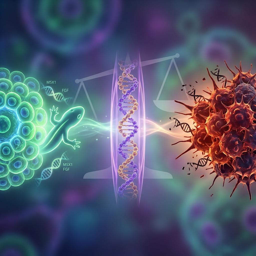 세포 재생과 암 발생의 트레이드오프를 보여주는 이미지, 유전자 조절로 재생 능력과 암 억제 사이 균형 설명