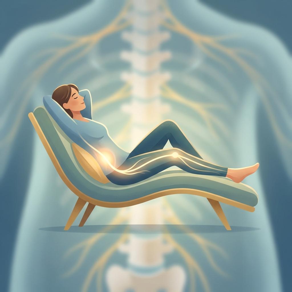 좌골신경통과 허리디스크 급성기, 누워 있을 때 디스크 압력이 줄어들고 신경 압박이 완화되는 원리를 보여주는 일러스트