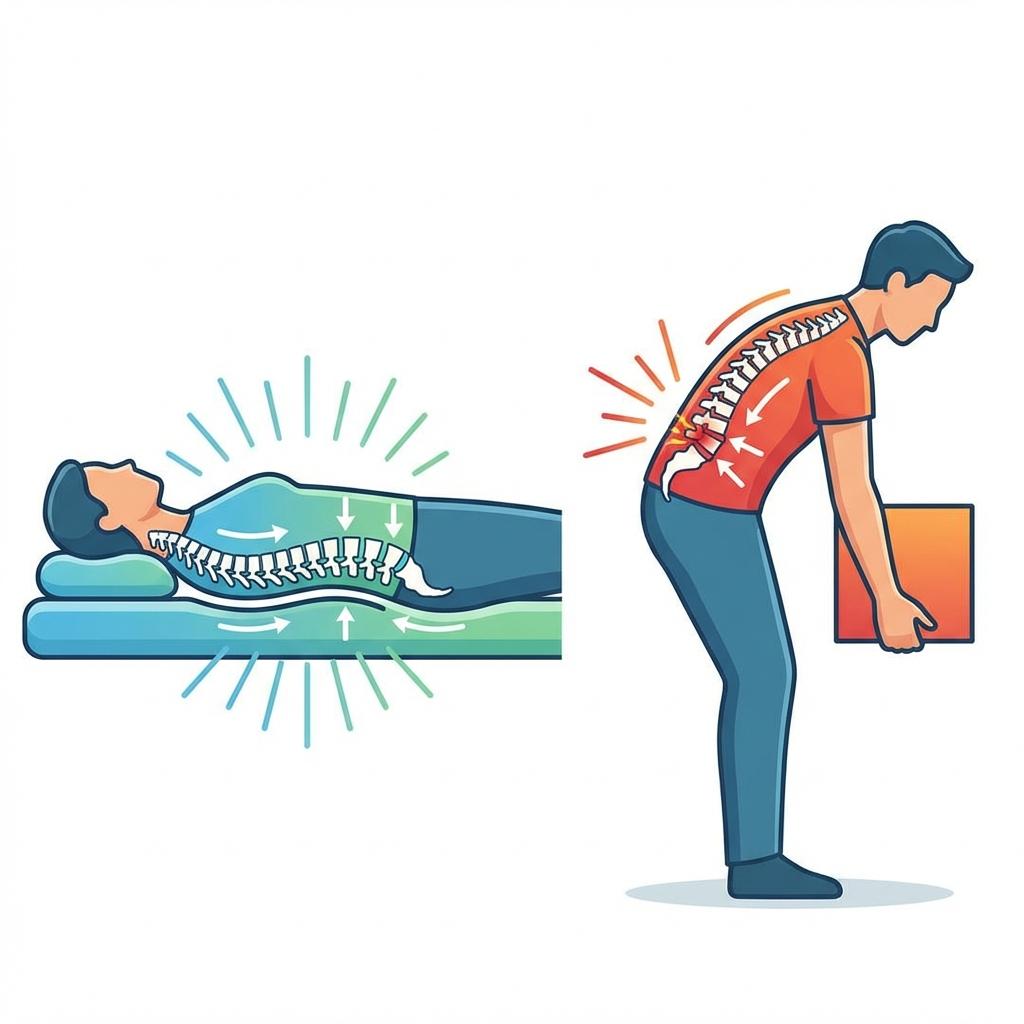 좌골신경통과 허리디스크 신경 압박 비교 이미지, 누워 있을 때는 디스크 압력이 감소하고 구부려 물건을 들 때는 신경 압박이 증가하는 모습을 보여주는 일러스트