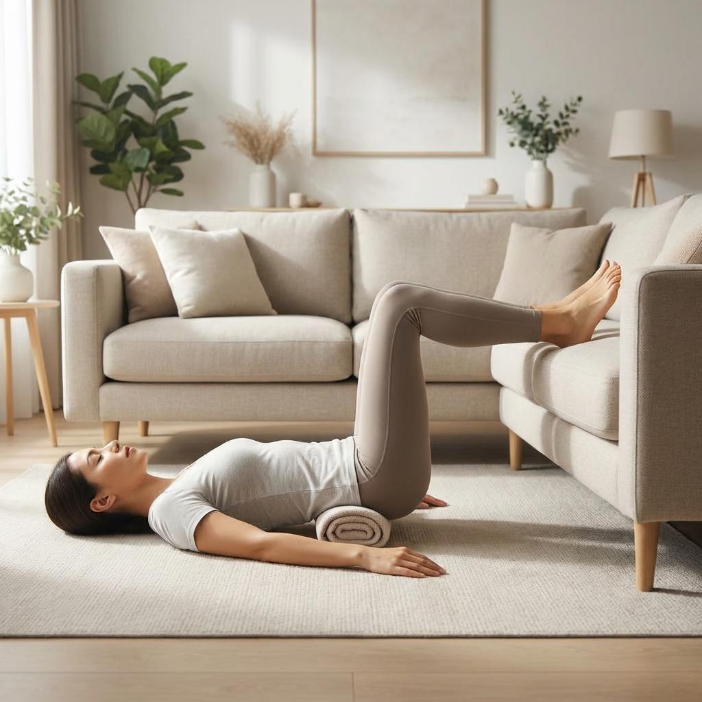 급성 허리 통증과 좌골신경통 완화를 위해 다리를 소파에 올려 90도-90도 자세로 눕는 방법