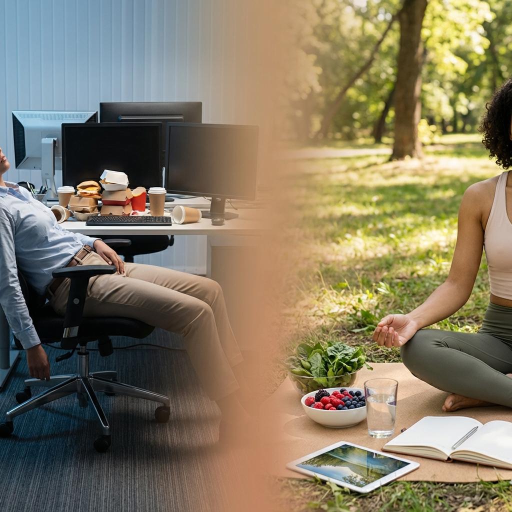 현대 좌식생활과 자연 중심 건강 습관 비교, 진화적 불일치 해결을 위한 운동 식단 스트레스 관리 인포그래픽