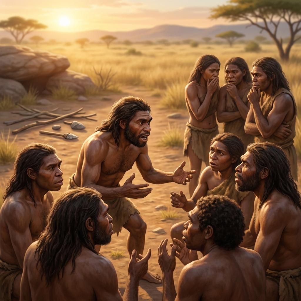 인류 초기 집단에서 의사소통과 협력을 통해 사회적 관계를 형성하는 모습, 사회적 뇌 가설과 인간 뇌 발달 원리 설명 이미지