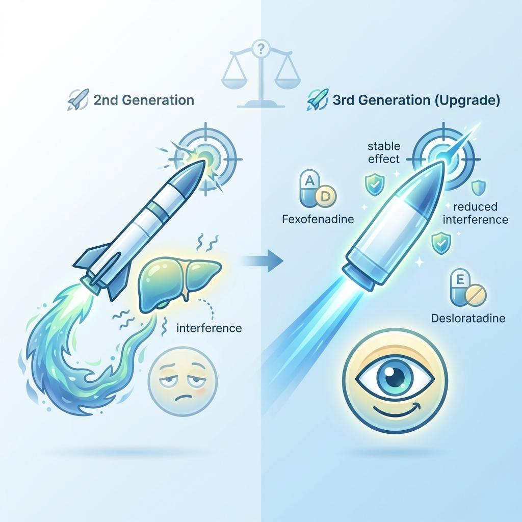 3세대 항히스타민제 비교 설명 이미지, 펙소페나딘과 데슬로라타딘 특징과 작용 원리, 2세대 대비 약물 상호작용 감소와 졸림 없는 항알레르기 약 효과, 아토피 가려움 완화 항히스타민제 차이