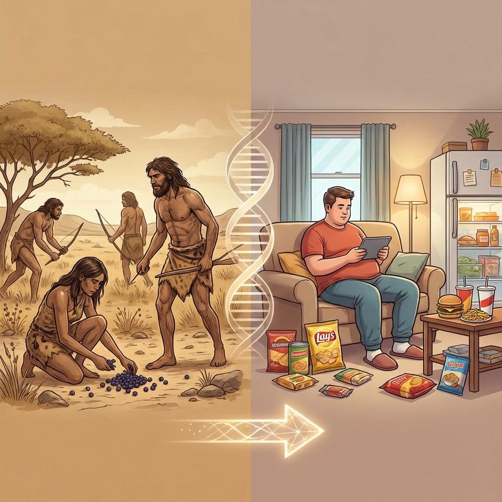 인간은 왜 쉽게 살이 찌는가, 절약 유전자 가설과 진화적 불일치로 본 비만 원인과 현대 식습관 인포그래픽