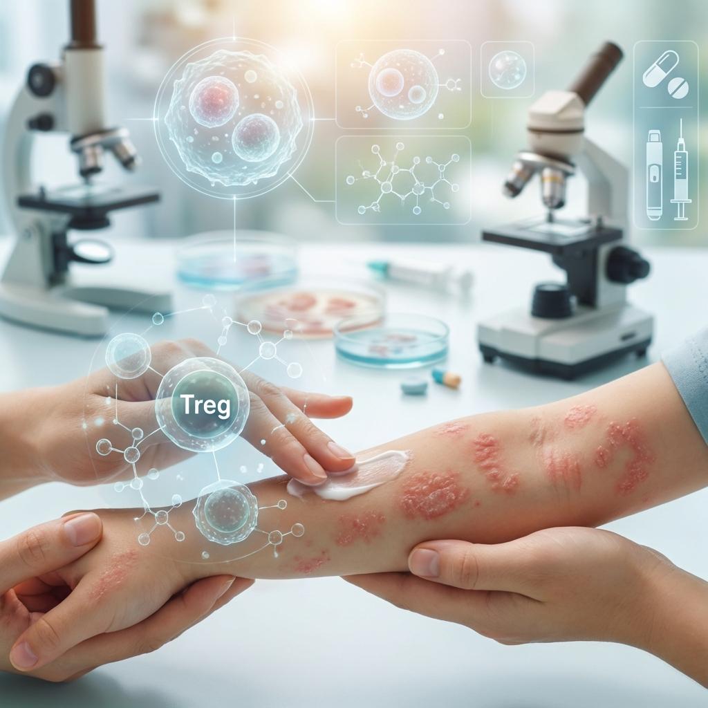 아토피 피부염 치료 연구 인포그래픽 – 조절 T세포(Treg) 면역 조절 메커니즘과 최신 아토피 치료 연구, 생물학적 제제와 신약 개발 설명