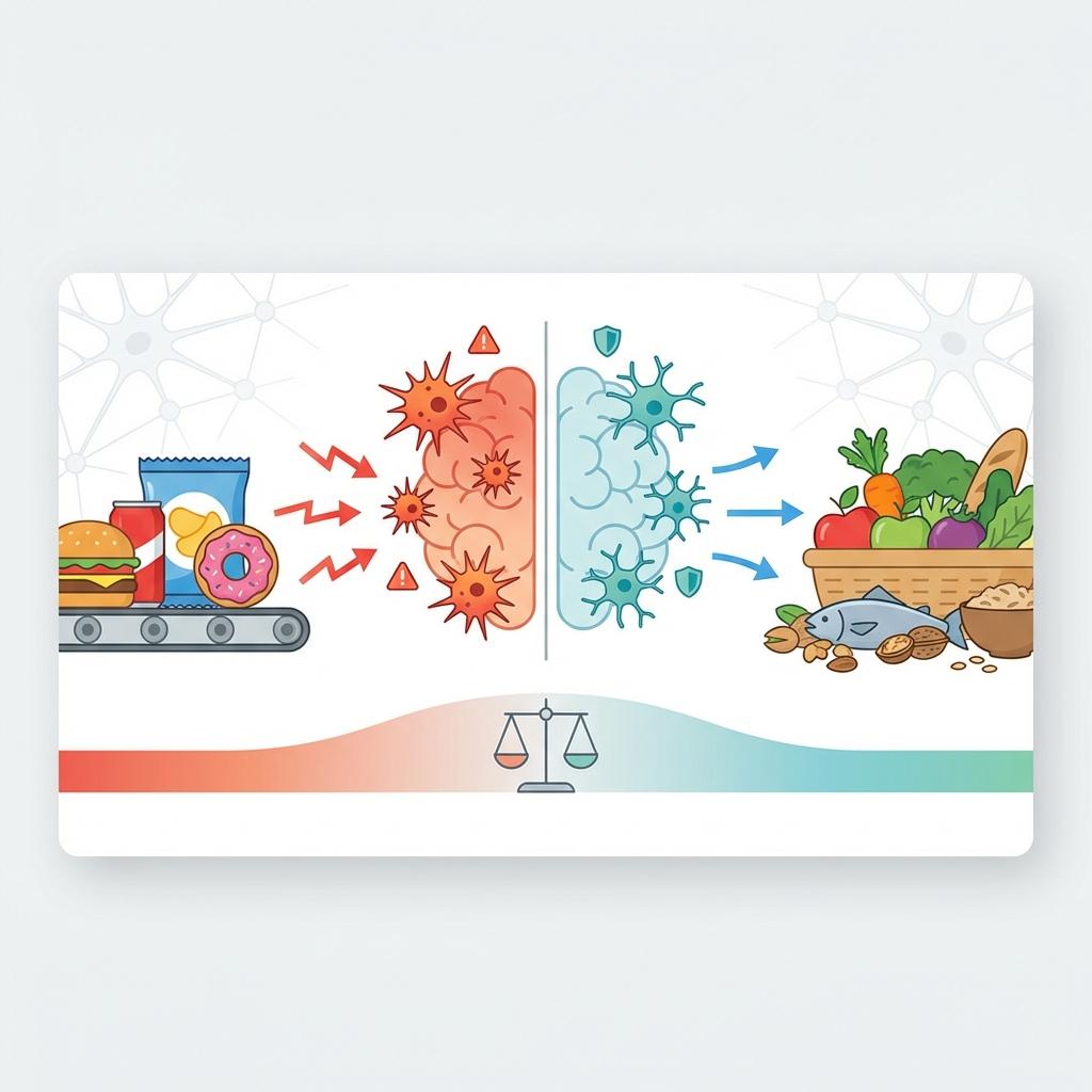 초가공식품과 뇌 염증 관계, 가공식품 섭취와 인지 저하 위험 증가, 건강한 식단과 뇌 보호 음식 비교 이미지