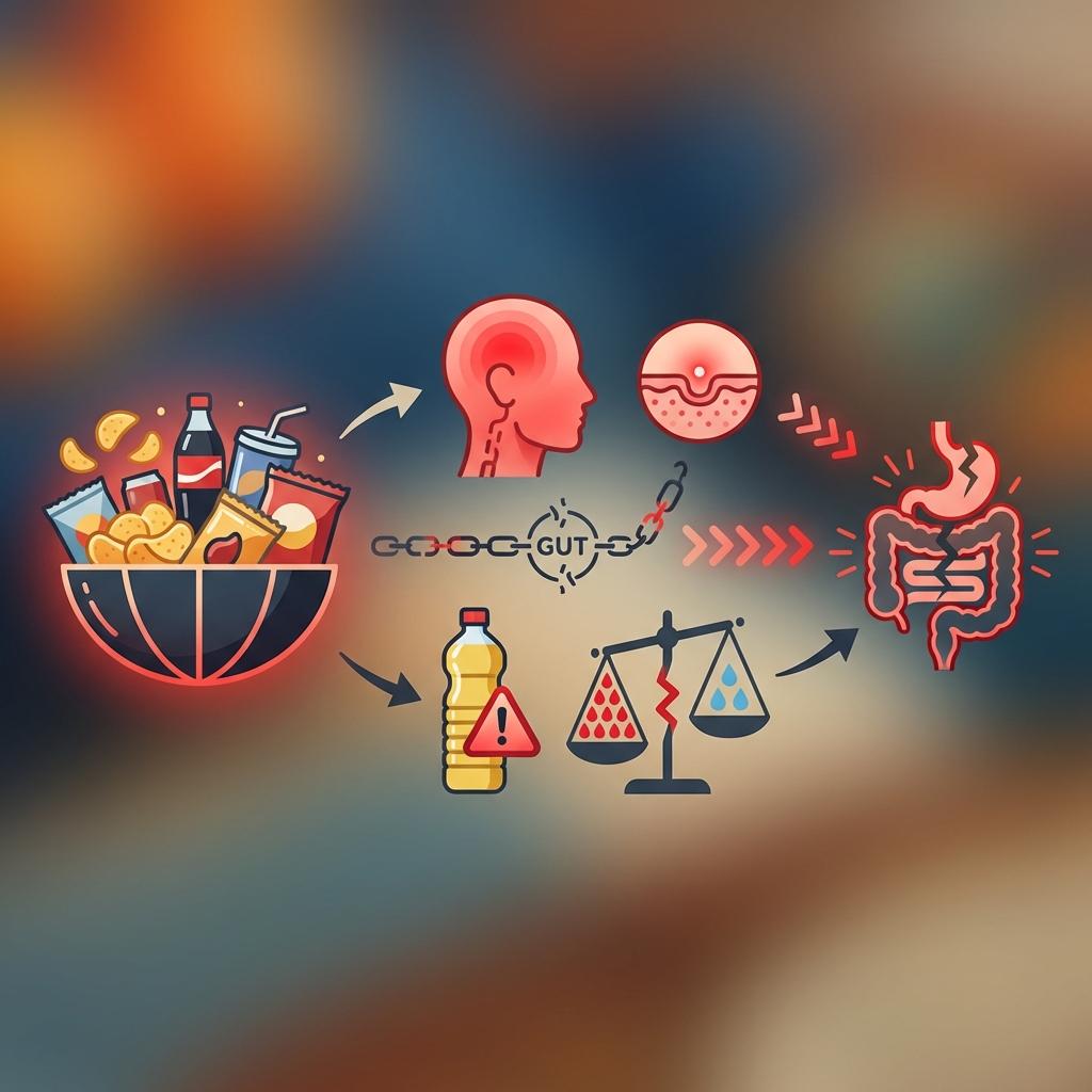 초가공식품과 오메가6 과잉이 장 건강을 악화시키고 장-피부 축을 통해 NF-kB 염증 반응을 증가시켜 아토피 피부염과 전신 염증을 유발하는 과정 설명 일러스트