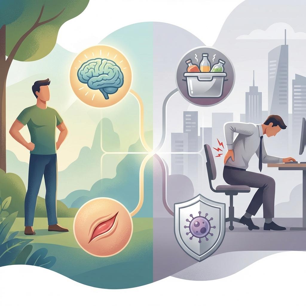 허리통증과 살이 찌는 이유 인포그래픽, 진화적 불일치로 인한 몸의 구조와 현대 환경에서 건강 관리 방법