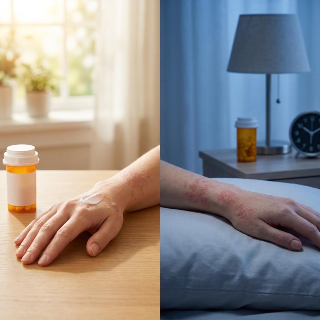 아토피 항히스타민제 사용법 이미지, 낮에는 2세대 3세대 밤에는 1세대 복용 패턴, 가려움 완화와 수면 도움을 위한 항히스타민제 선택 방법 설명