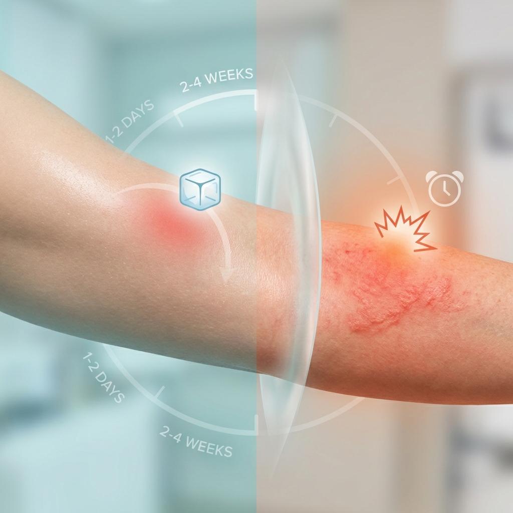 아토피 스테로이드 주사 효과와 리바운드 현상 비교 이미지, 1~2일 빠른 증상 완화 후 2~4주 뒤 재악화되는 피부 염증 변화 설명