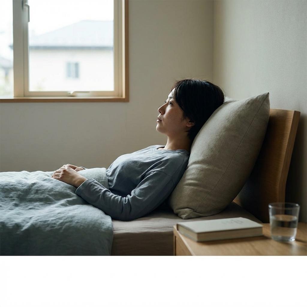 허리디스크 환자가 통증과 우울로 침대에 누워 있는 장면, 만성 통증이 정신 건강에 미치는 영향과 자책하지 말아야 하는 이유를 설명하는 이미지