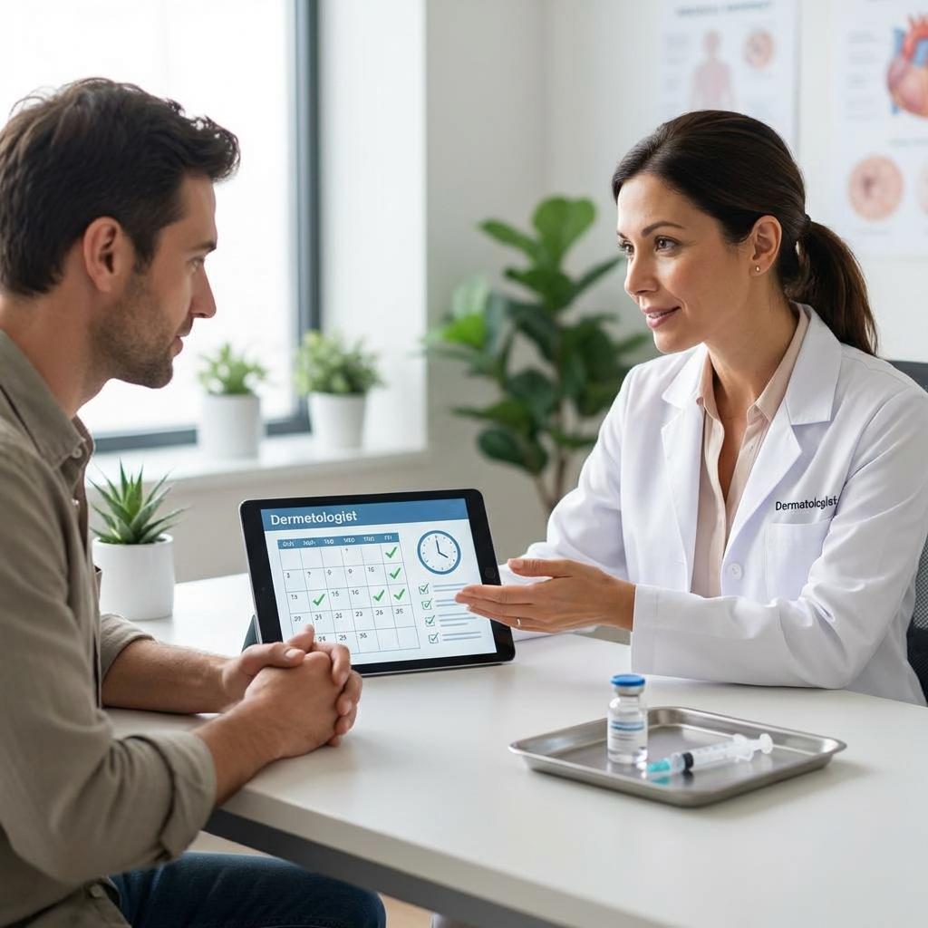 아토피 스테로이드 주사 사용 기준 상담 이미지, 피부과 전문의와 적절한 횟수와 시기, 생물학적 제제로 전환하는 치료 상담 장면