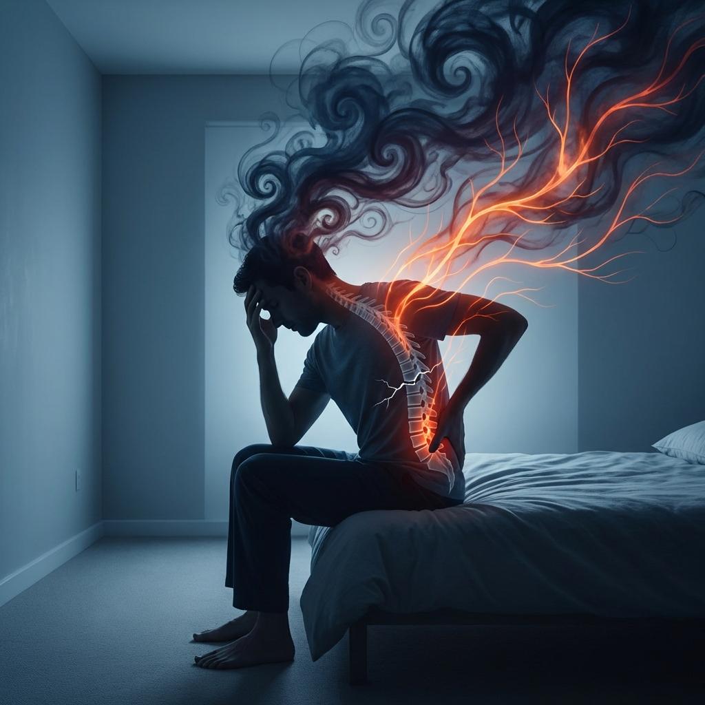 허리디스크 통증과 우울감 악순환 이미지, 만성 요통 스트레스가 코르티솔 증가와 염증 반응을 유발해 통증을 악화시키는 과정 설명