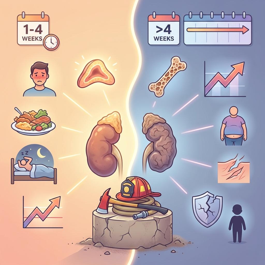 아토피 스테로이드 주사 단기와 장기 사용 부작용 비교 이미지, 4주 미만과 4주 이상 사용 시 부신 억제·골다공증·체중 증가 위험 설명